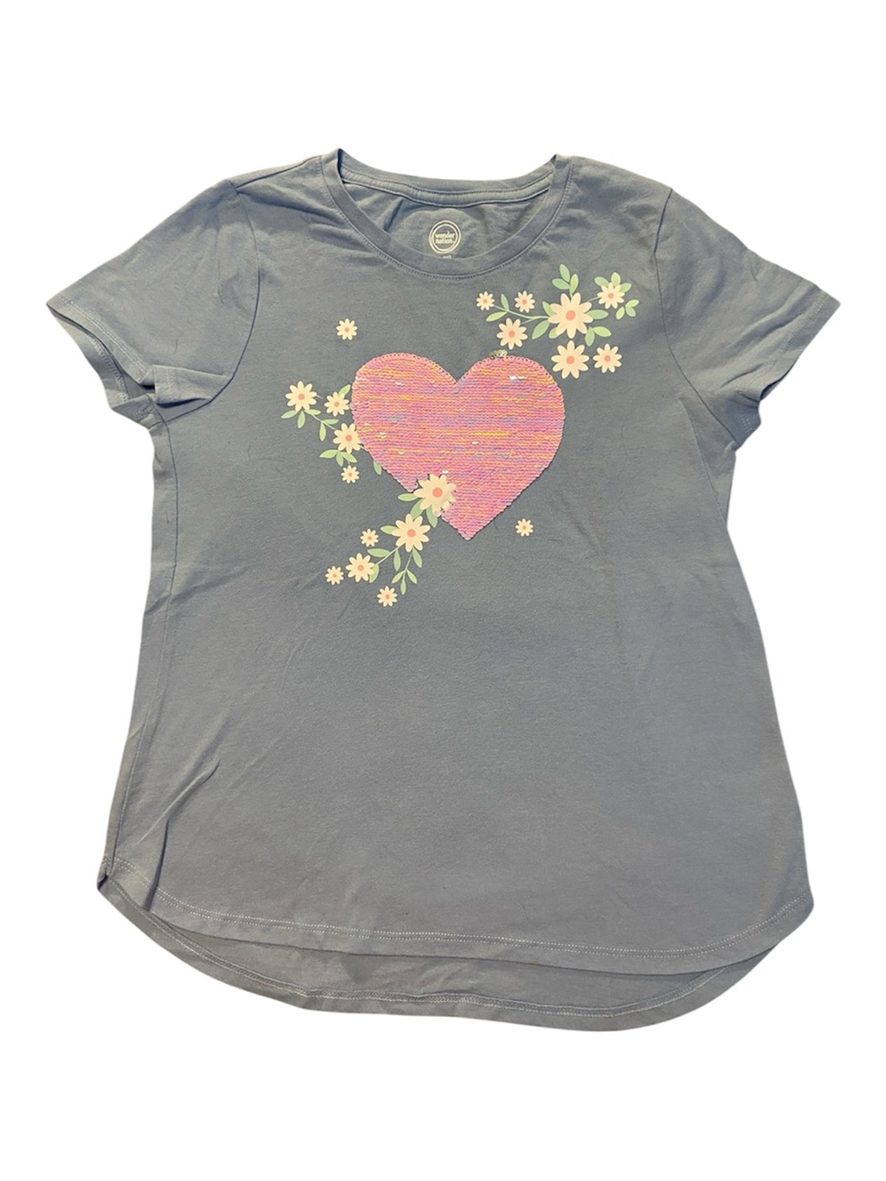 wonder nation Light Blue Tee with Pink Sequin Heart and White Floral Accents